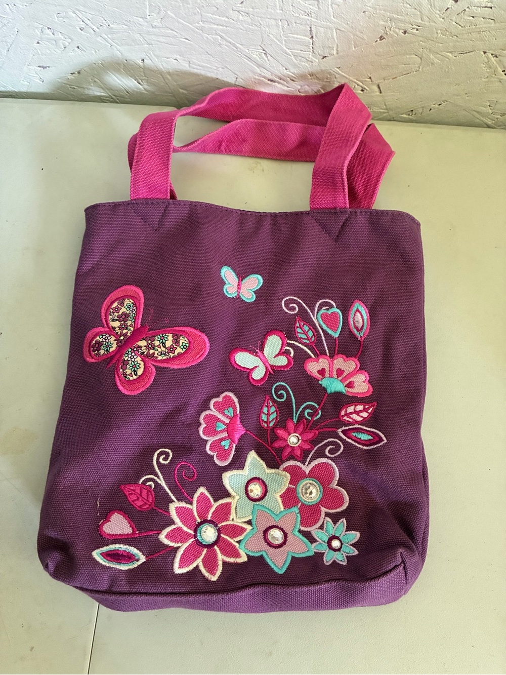 Embroidered Purple Tote Bag with Pink Handles